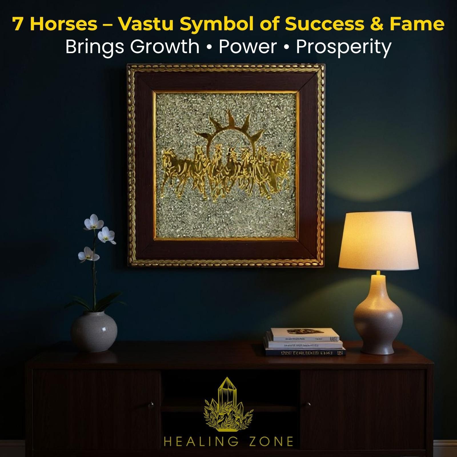 Vastu Seven Horses Wall Frame with Natural Pyrite